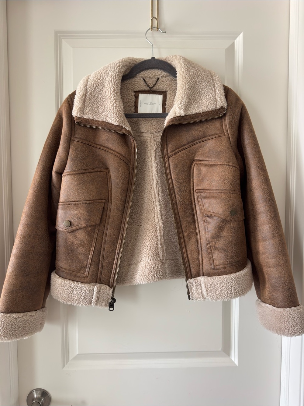 Lucky Brand Brown Leather Sherpa Aviator Jacket